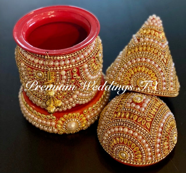 Full Red Gold Pearl Kalash With Coconut Cover - Premium Weddings TX