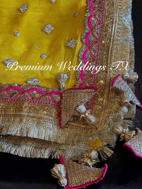 Yellow Pink Border Dupatta