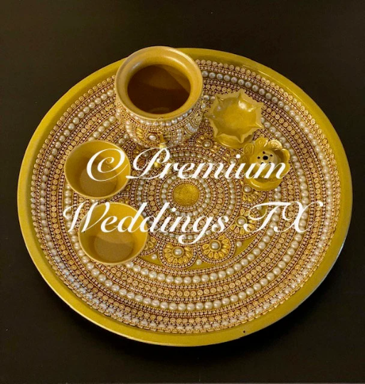 Gold Flower Pearl Puja Thaali Set - Premium Weddings TX