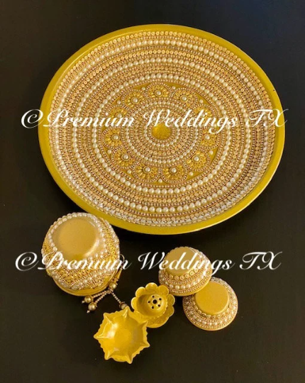 Gold Flower Pearl Puja Thaali Set - Premium Weddings TX