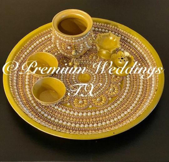 Gold Flower Pearl Puja Thaali Set - Premium Weddings TX