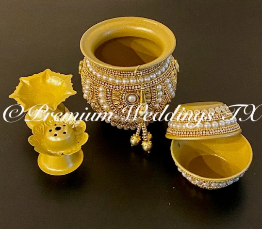 Gold Flower Pearl Puja Thaali Set - Premium Weddings TX