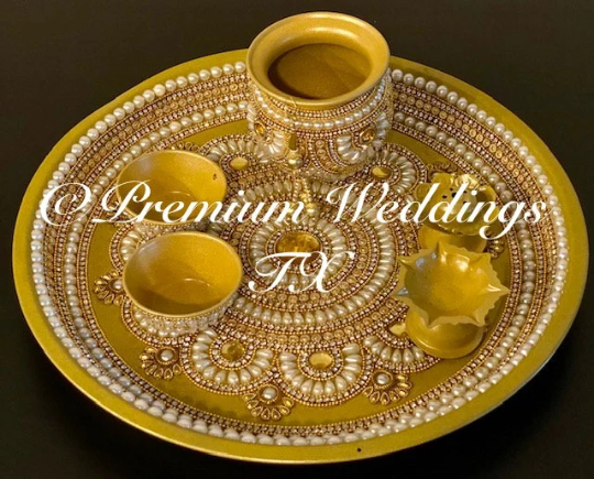 Gold Mandala Pearl Puja Thaali Set - Premium Weddings TX