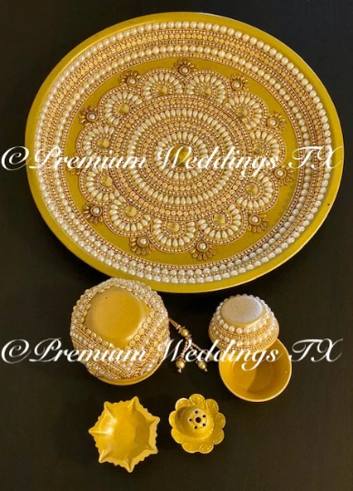 Gold Mandala Pearl Puja Thaali Set - Premium Weddings TX