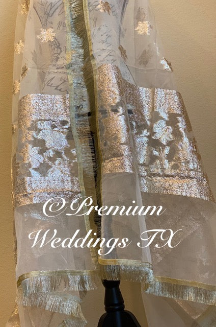 White Gold Banarsi Dupatta - Premium Weddings TX