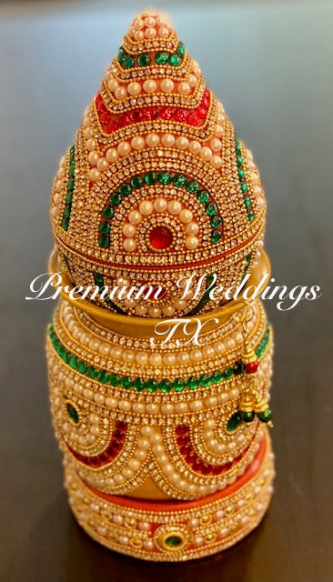 Red Green Kalash With Coconut Cover - Gold Base Color - Premium Weddings TX