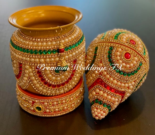Red Green Kalash With Coconut Cover - Gold Base Color - Premium Weddings TX