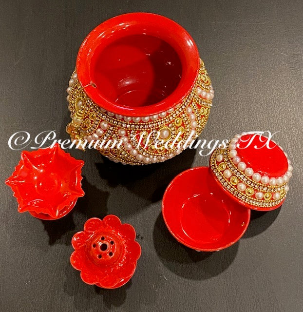Red Gold Circular Puja Thaali Set - Handmade - Premium Weddings TX