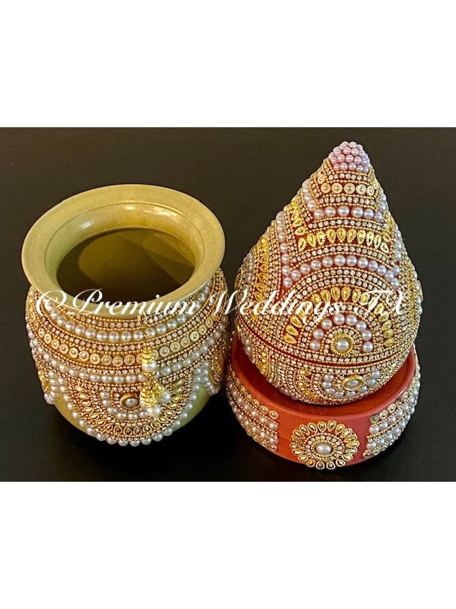 Pearl & Gold Kalash With Coconut Cover - Premium Weddings TX