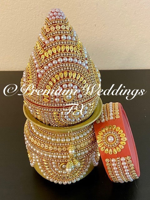 Pearl & Gold Kalash With Coconut Cover - Premium Weddings TX