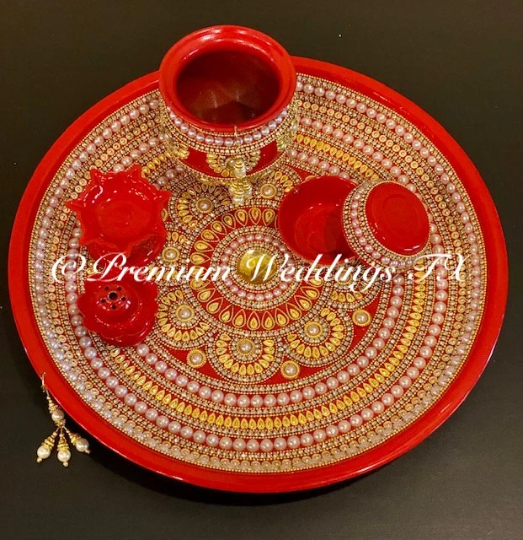 Red Flower Pearl Puja Thaali Set - Premium Weddings TX