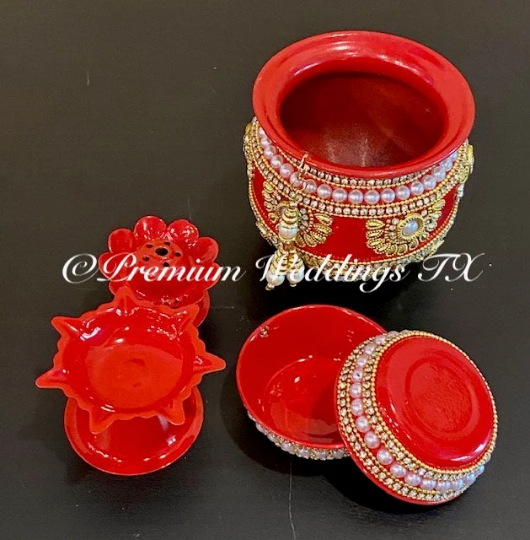 Red Flower Pearl Puja Thaali Set - Premium Weddings TX