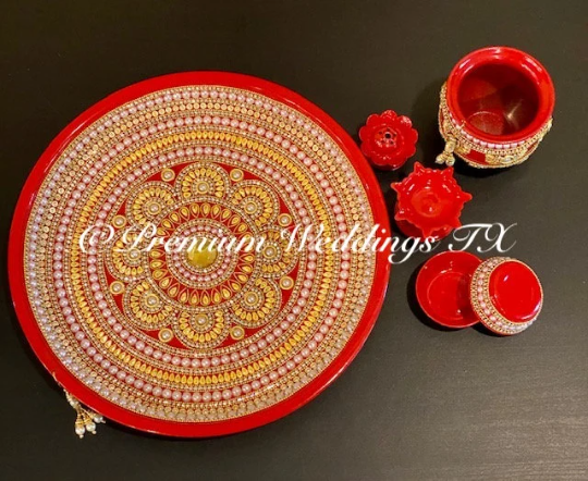 Red Flower Pearl Puja Thaali Set - Premium Weddings TX