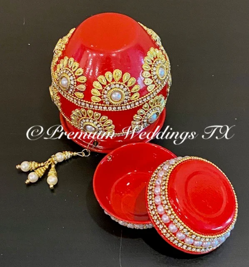 Red Flower Pearl Puja Thaali Set - Premium Weddings TX