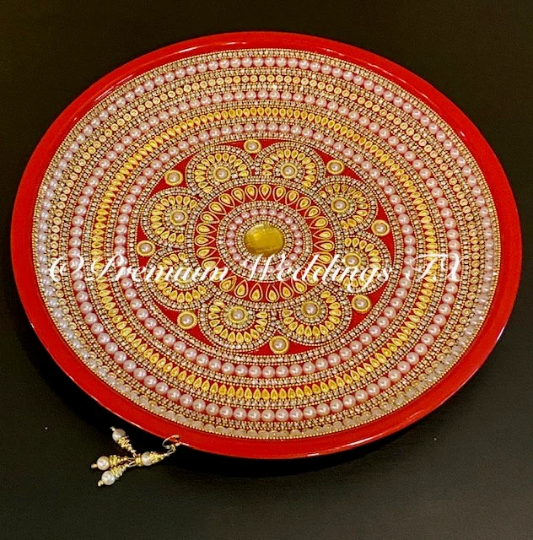 Red Flower Pearl Puja Thaali Set - Premium Weddings TX