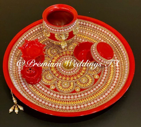 Red Flower Pearl Puja Thaali Set - Premium Weddings TX
