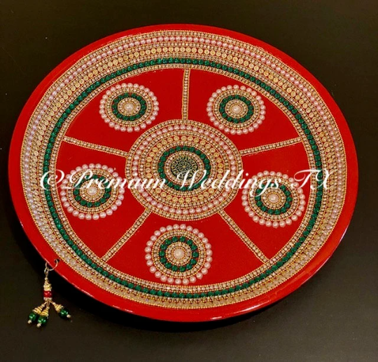Red Green Beaded Embellished Mehndi Thaal, Mehndi Plates, Mehndi Thaali, Puja Thaali, Mehndi Decor, Mehndi, Haldi, Haldi Decor, Shaadi Decor, Shagun, Home Decor, Indian Wedding, Punjabi Wedding, Pakistani Wedding, Centerpiece Decor, Wedding Decor, Pearl Gold Embellished Thaali, Red Thaali, Embellished Thaali, Embellished Thaals, Thaali, Mehndi Thaals, Thaals