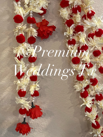 Eco-Friendly Red Pom Pom Flower Backdrop Garlands - Premium Weddings TX