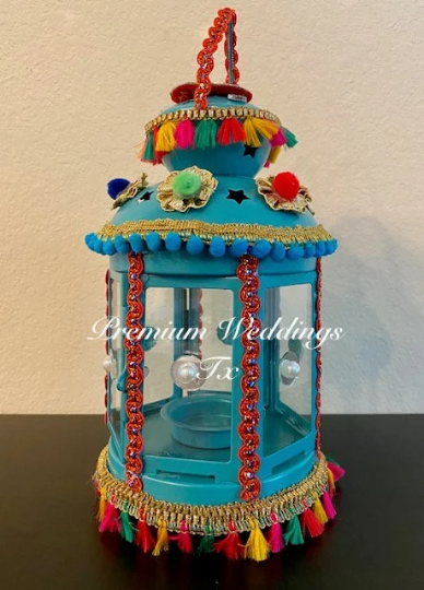 Handmade Embellished Teal Lantern - 1 PC - Premium Weddings TX