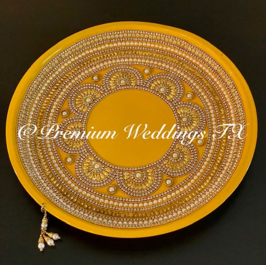 Yellow Pearl & Flower Mandala Mehndi Thaali - Premium Weddings TX