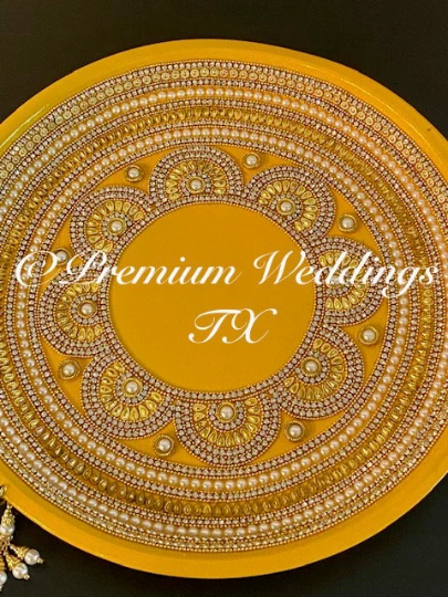 Yellow Pearl & Flower Mandala Mehndi Thaali - Premium Weddings TX