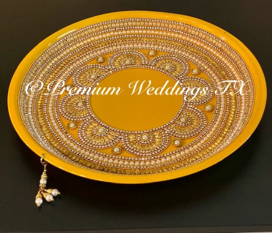 Yellow Pearl & Flower Mandala Mehndi Thaali - Premium Weddings TX