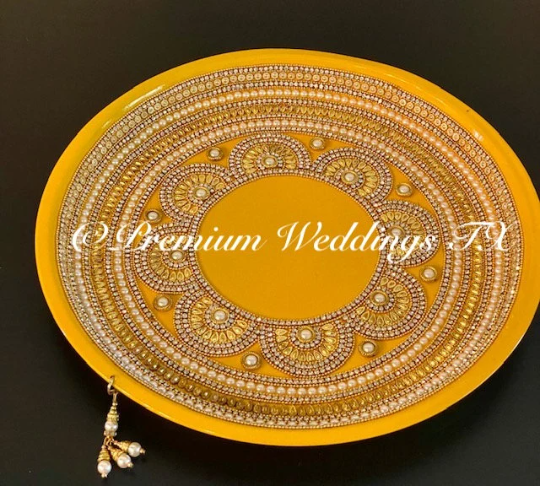 Yellow Pearl & Flower Mandala Mehndi Thaali - Premium Weddings TX