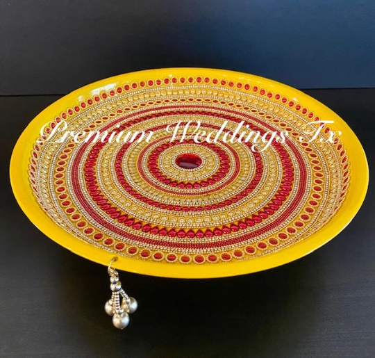 Yellow Red Spiral Mehndi Thaali - Premium Weddings TX
