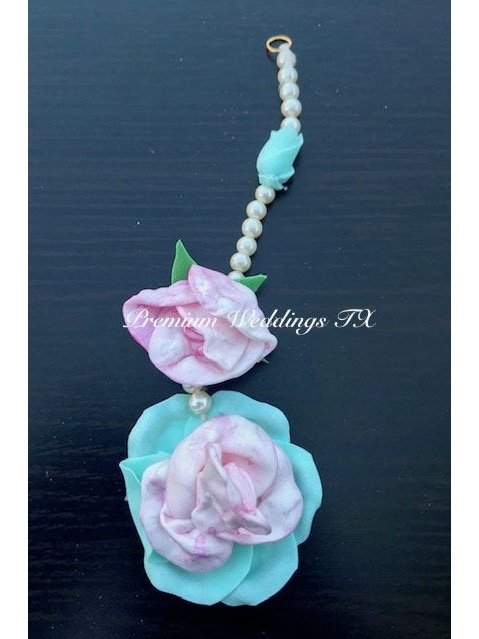 Mint & Pink Flower NosePin Gajra Set