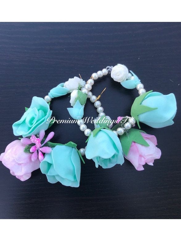Mint & Pink Flower NosePin Gajra Set