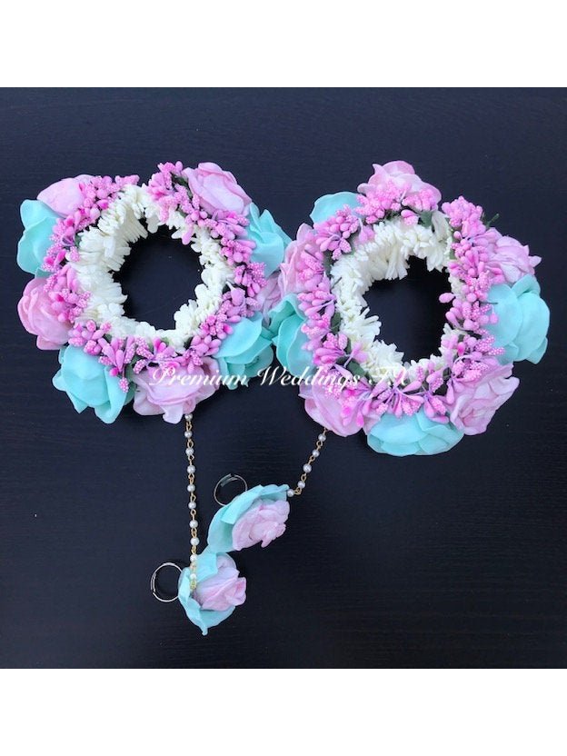 Mint & Pink Flower NosePin Gajra Set