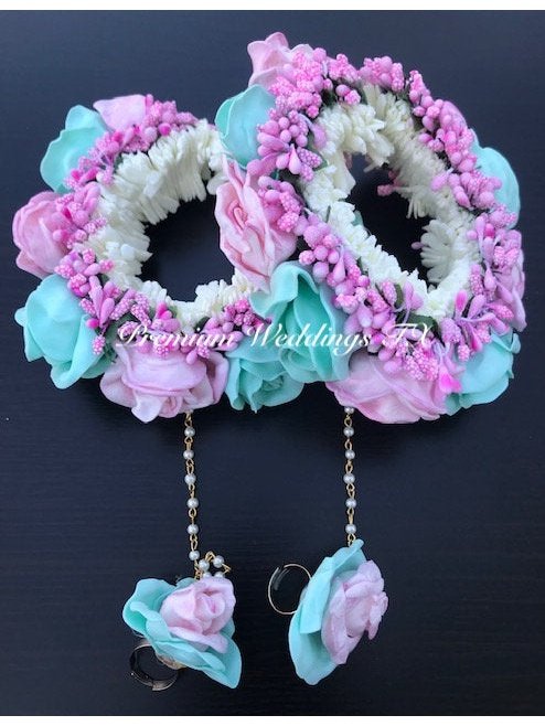 Mint & Pink Flower NosePin Gajra Set