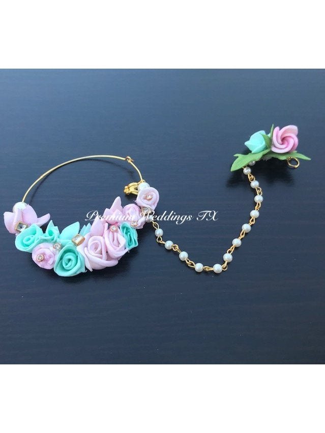 Mint & Pink Flower NosePin Gajra Set