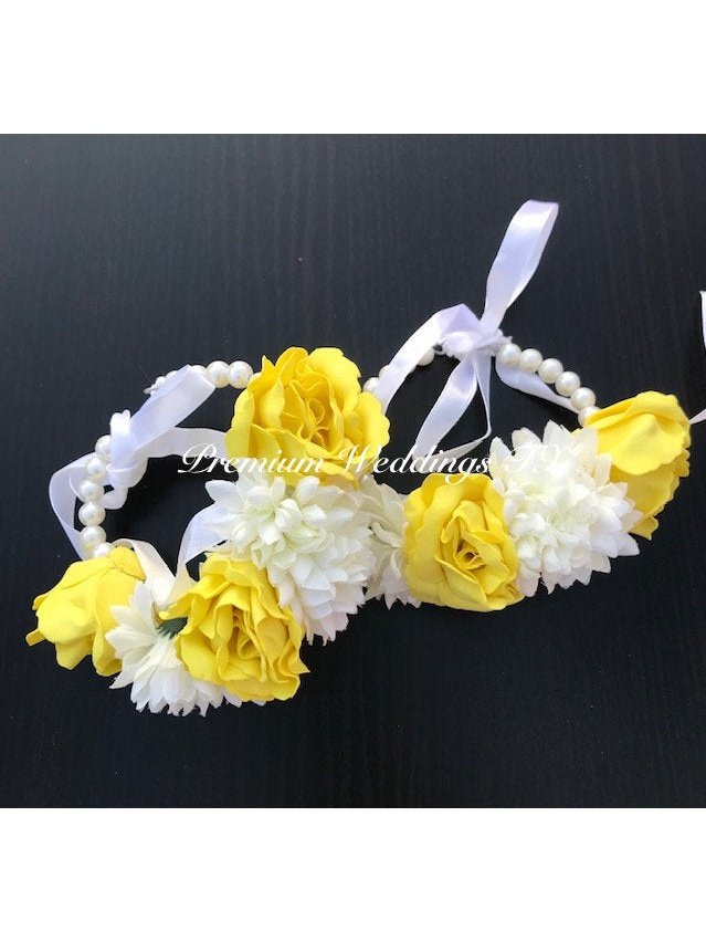 Lemon Yellow Rose Bud Gajra Set - Premium Weddings TX