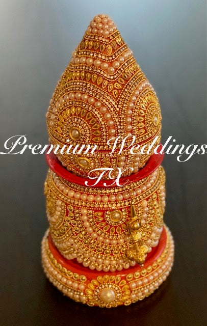 Full Red Gold Pearl Kalash With Coconut Cover - Premium Weddings TX