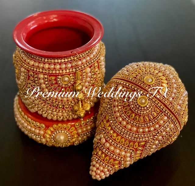 Full Red Gold Pearl Kalash With Coconut Cover