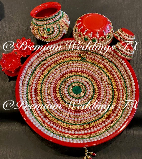 Red Puja Thali Set / Haldi Set - Premium Weddings TX