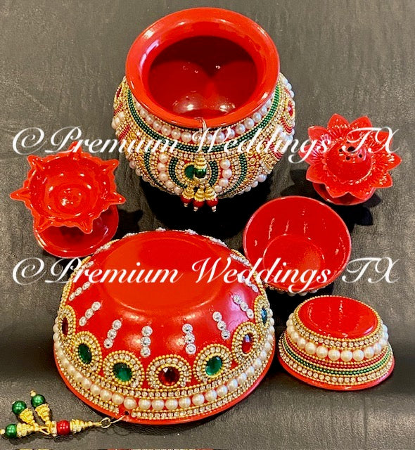 Red Puja Thali Set / Haldi Set - Premium Weddings TX