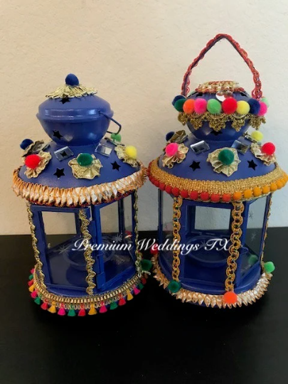 Handmade Embellished Blue Lanterns, Lanterns, Centerpieces, Decorations, Shaadi Decor, Wedding Decor, Handmade Lanterns, Handmade Shaadi Decor, Handmade Pithi Decor, Handmade Mayoon Decor, Dholki Decor, Sangeet decor, Haldi decor