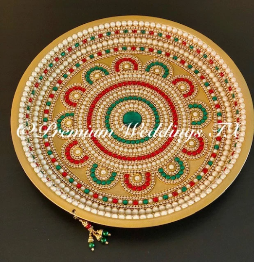 Gold Multi Stone Flower Mandala Thaali, Mehndi Thaal, Mehndi Plates, Mehndi Thaali, Puja Thaali, Mehndi Decor, Mehndi, Haldi, Haldi Decor, Shaadi Decor, Shagun, Home Decor, Indian Wedding, Punjabi Wedding, Pakistani Wedding, Centerpiece Decor, Wedding Decor, Pearl Gold Embellished Thaali, Red Thaali, Embellished Thaali, Embellished Thaals, Thaali, Mehndi Thaals, Thaals