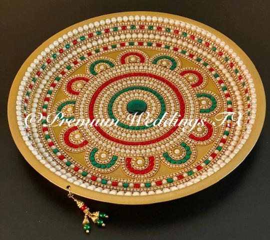 Gold Multi Stone Flower Mandala Thaali, Mehndi Thaal, Mehndi Plates, Mehndi Thaali, Puja Thaali, Mehndi Decor, Mehndi, Haldi, Haldi Decor, Shaadi Decor, Shagun, Home Decor, Indian Wedding, Punjabi Wedding, Pakistani Wedding, Centerpiece Decor, Wedding Decor, Pearl Gold Embellished Thaali, Red Thaali, Embellished Thaali, Embellished Thaals, Thaali, Mehndi Thaals, Thaals