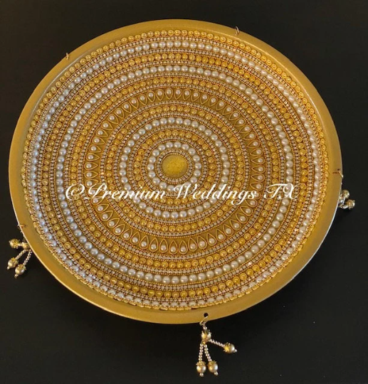 Gold Pearl Mandala Thaali, Mehndi Thaal, Mehndi Plates, Mehndi Thaali, Puja Thaali, Mehndi Decor, Mehndi, Haldi, Haldi Decor, Shaadi Decor, Shagun, Home Decor, Indian Wedding, Punjabi Wedding, Pakistani Wedding, Centerpiece Decor, Wedding Decor, Pearl Gold Embellished Thaali, Red Thaali, Embellished Thaali, Embellished Thaals, Thaali, Mehndi Thaals, Thaals