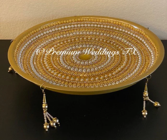 Gold Pearl Mandala Thaali, Mehndi Thaal, Mehndi Plates, Mehndi Thaali, Puja Thaali, Mehndi Decor, Mehndi, Haldi, Haldi Decor, Shaadi Decor, Shagun, Home Decor, Indian Wedding, Punjabi Wedding, Pakistani Wedding, Centerpiece Decor, Wedding Decor, Pearl Gold Embellished Thaali, Red Thaali, Embellished Thaali, Embellished Thaals, Thaali, Mehndi Thaals, Thaals