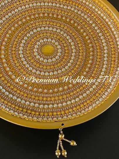 Gold Pearl Mandala Thaali, Mehndi Thaal, Mehndi Plates, Mehndi Thaali, Puja Thaali, Mehndi Decor, Mehndi, Haldi, Haldi Decor, Shaadi Decor, Shagun, Home Decor, Indian Wedding, Punjabi Wedding, Pakistani Wedding, Centerpiece Decor, Wedding Decor, Pearl Gold Embellished Thaali, Red Thaali, Embellished Thaali, Embellished Thaals, Thaali, Mehndi Thaals, Thaals