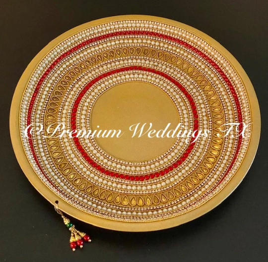 Gold Red Embellished Mehndi Thaal, Mehndi Thaal, Mehndi Plates, Mehndi Thaali, Puja Thaali, Mehndi Decor, Mehndi, Haldi, Haldi Decor, Shaadi Decor, Shagun, Home Decor, Indian Wedding, Punjabi Wedding, Pakistani Wedding, Centerpiece Decor, Wedding Decor, Pearl Gold Embellished Thaali, Red Thaali, Embellished Thaali, Embellished Thaals, Thaali, Mehndi Thaals, Thaals