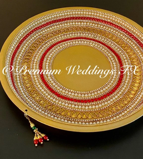 Gold Red Embellished Mehndi Thaal, Mehndi Thaal, Mehndi Plates, Mehndi Thaali, Puja Thaali, Mehndi Decor, Mehndi, Haldi, Haldi Decor, Shaadi Decor, Shagun, Home Decor, Indian Wedding, Punjabi Wedding, Pakistani Wedding, Centerpiece Decor, Wedding Decor, Pearl Gold Embellished Thaali, Red Thaali, Embellished Thaali, Embellished Thaals, Thaali, Mehndi Thaals, Thaals