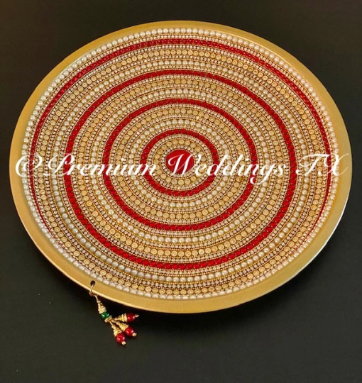 Gold Red Pearl Spiral Mehndi Thaali, Mehndi Thaal, Mehndi Plates, Mehndi Thaali, Puja Thaali, Mehndi Decor, Mehndi, Haldi, Haldi Decor, Shaadi Decor, Shagun, Home Decor, Indian Wedding, Punjabi Wedding, Pakistani Wedding, Centerpiece Decor, Wedding Decor, Pearl Gold Embellished Thaali, Red Thaali, Embellished Thaali, Embellished Thaals, Thaali, Mehndi Thaals, Thaals