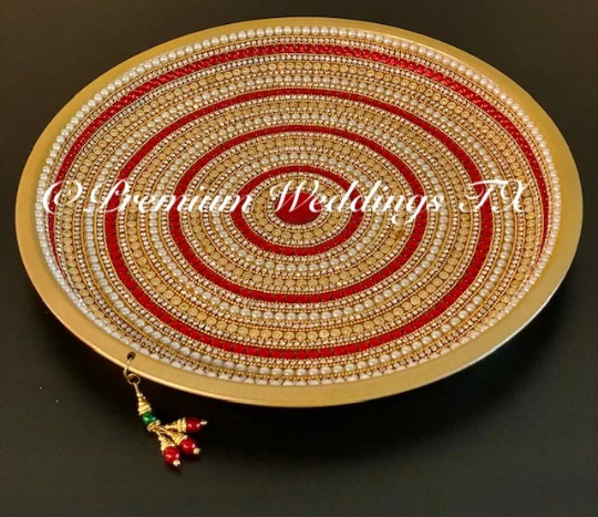 Gold Red Pearl Spiral Mehndi Thaali, Mehndi Thaal, Mehndi Plates, Mehndi Thaali, Puja Thaali, Mehndi Decor, Mehndi, Haldi, Haldi Decor, Shaadi Decor, Shagun, Home Decor, Indian Wedding, Punjabi Wedding, Pakistani Wedding, Centerpiece Decor, Wedding Decor, Pearl Gold Embellished Thaali, Red Thaali, Embellished Thaali, Embellished Thaals, Thaali, Mehndi Thaals, Thaals