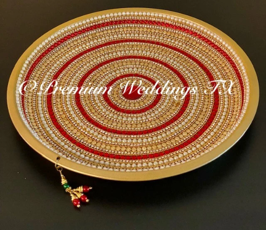 Gold Red Pearl Spiral Mandala Mehndi Thaali - Premium Weddings TX