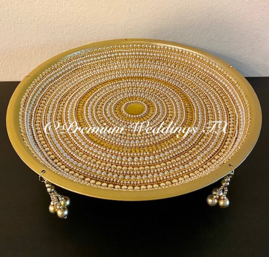 Gold Spiral Pearl Beaded Thaali, Mehndi Thaal, Mehndi Plates, Mehndi Thaali, Puja Thaali, Mehndi Decor, Mehndi, Haldi, Haldi Decor, Shaadi Decor, Shagun, Home Decor, Indian Wedding, Punjabi Wedding, Pakistani Wedding, Centerpiece Decor, Wedding Decor, Pearl Gold Embellished Thaali, Red Thaali, Embellished Thaali, Embellished Thaals, Thaali, Mehndi Thaals, Thaals